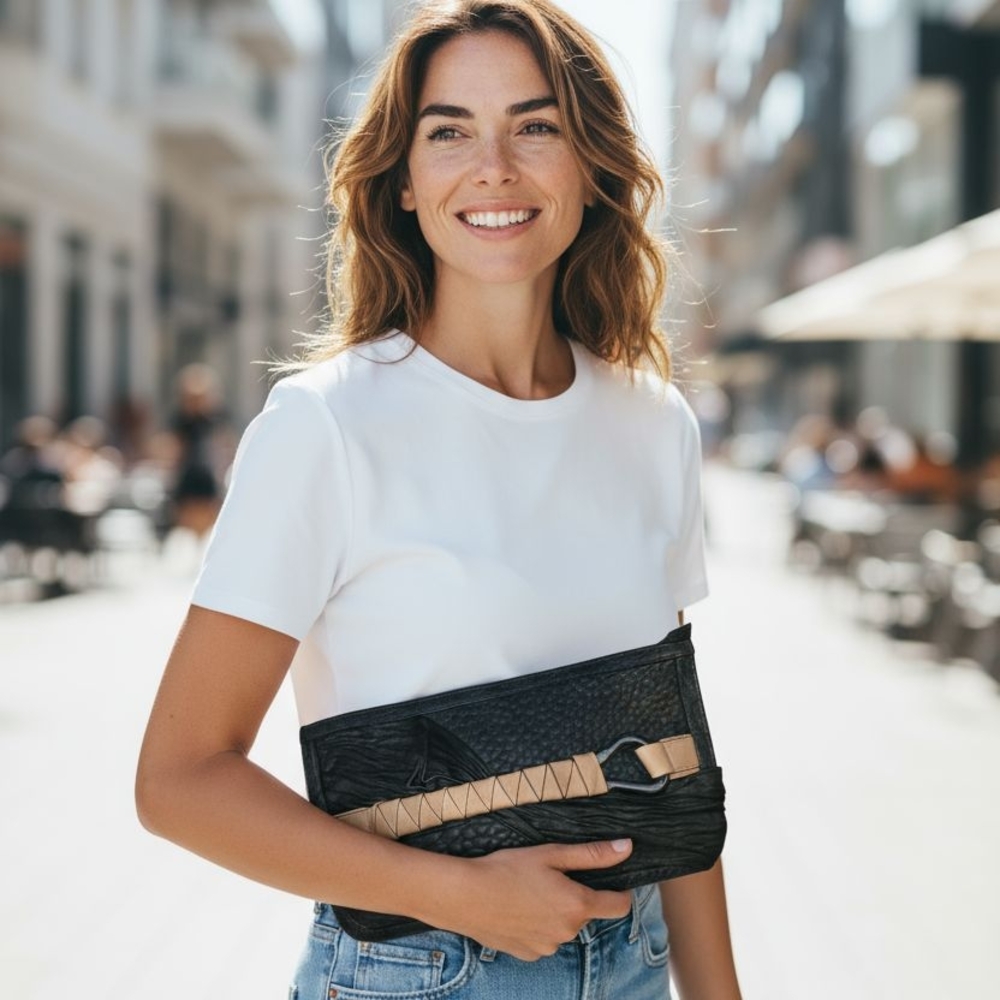 Halston Heritage Italian Leather Black and Tan Clutch